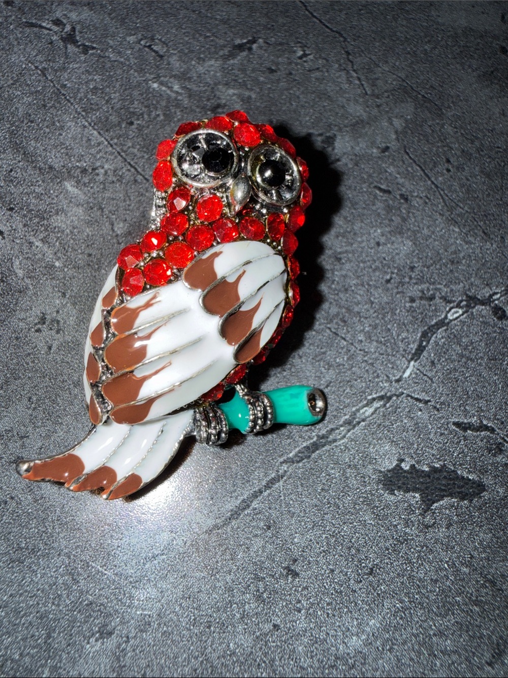 Red Crystal Owl Brooch with White and Brown Enamel Wings - Unbranded